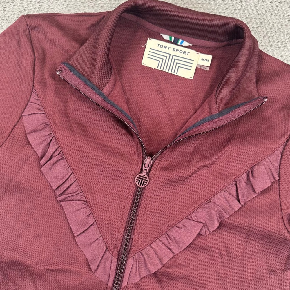 Tory Sport Track Jacket Womens Medium Burgundy Ruffle Front Full Zip Active Gym